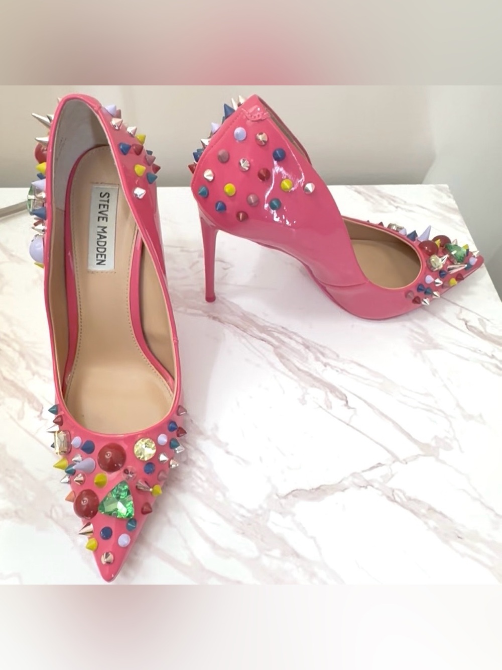 Steve Madden Pink VERONICKA Pointed-Toe Pumps with Multicolor Studs (8) USED